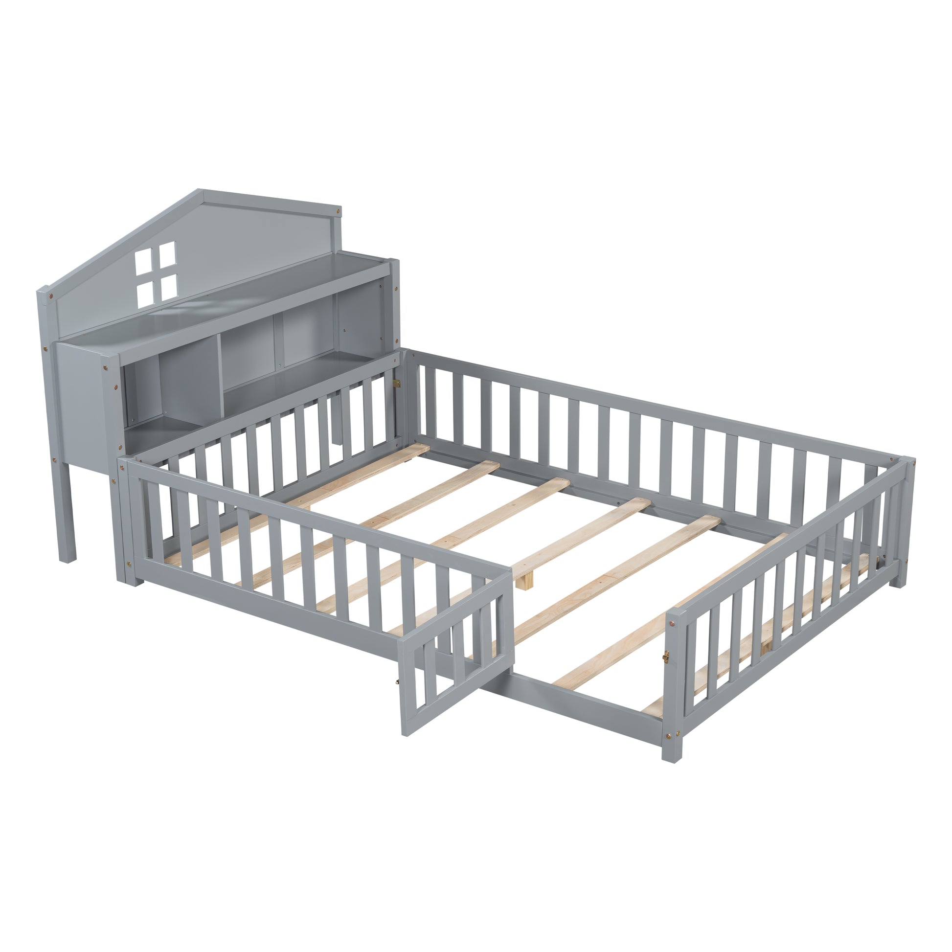 Gray toddler bed with fence and bookshelf