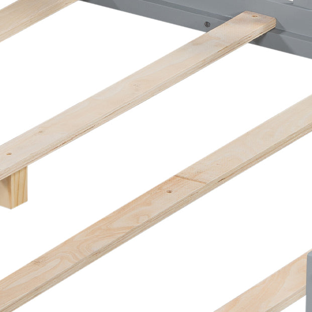Wooden bed slats with grey frame detail for support