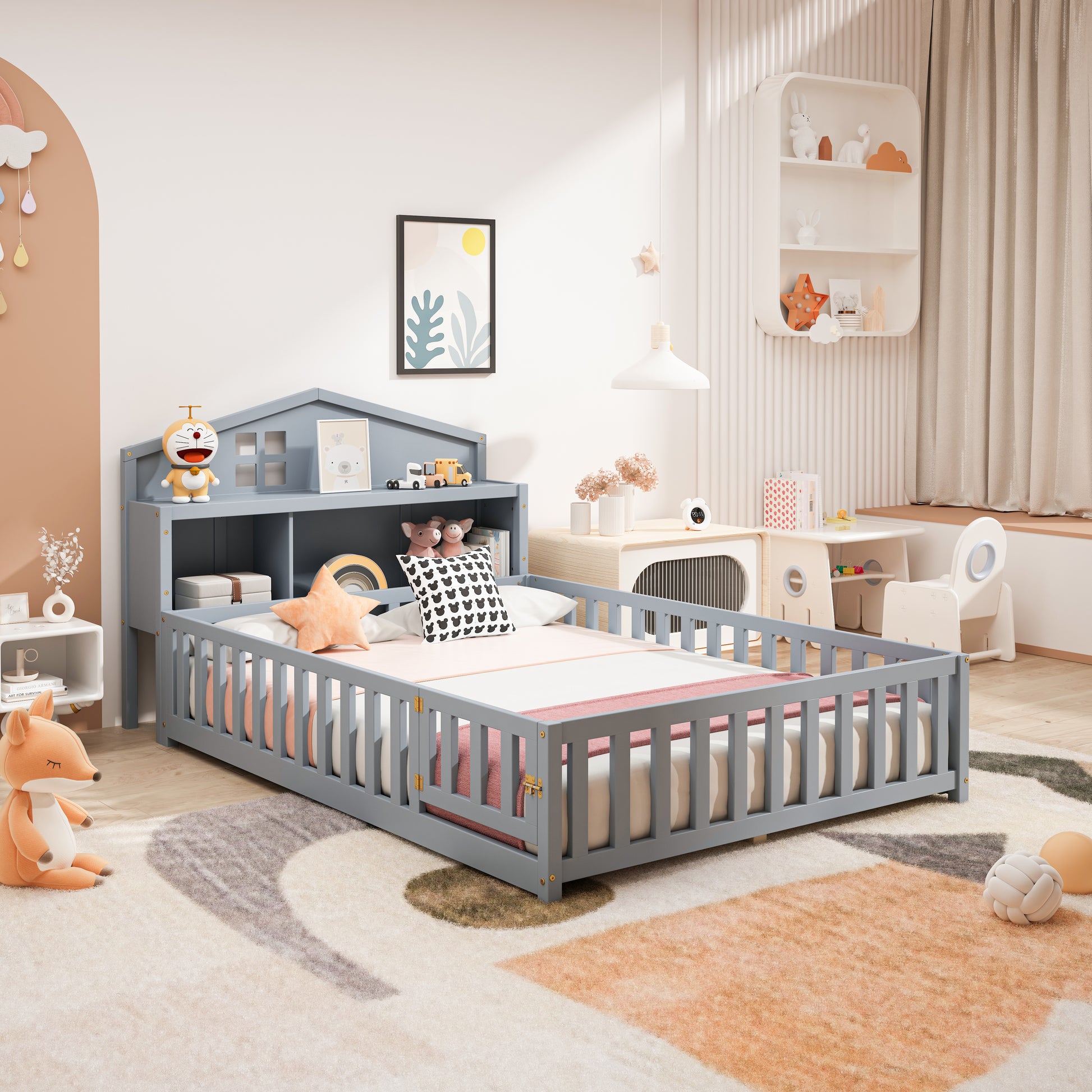 Gray wooden toddler bed with guardrails and houseshaped headboard