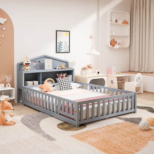 Gray wooden toddler bed with guardrails and houseshaped headboard