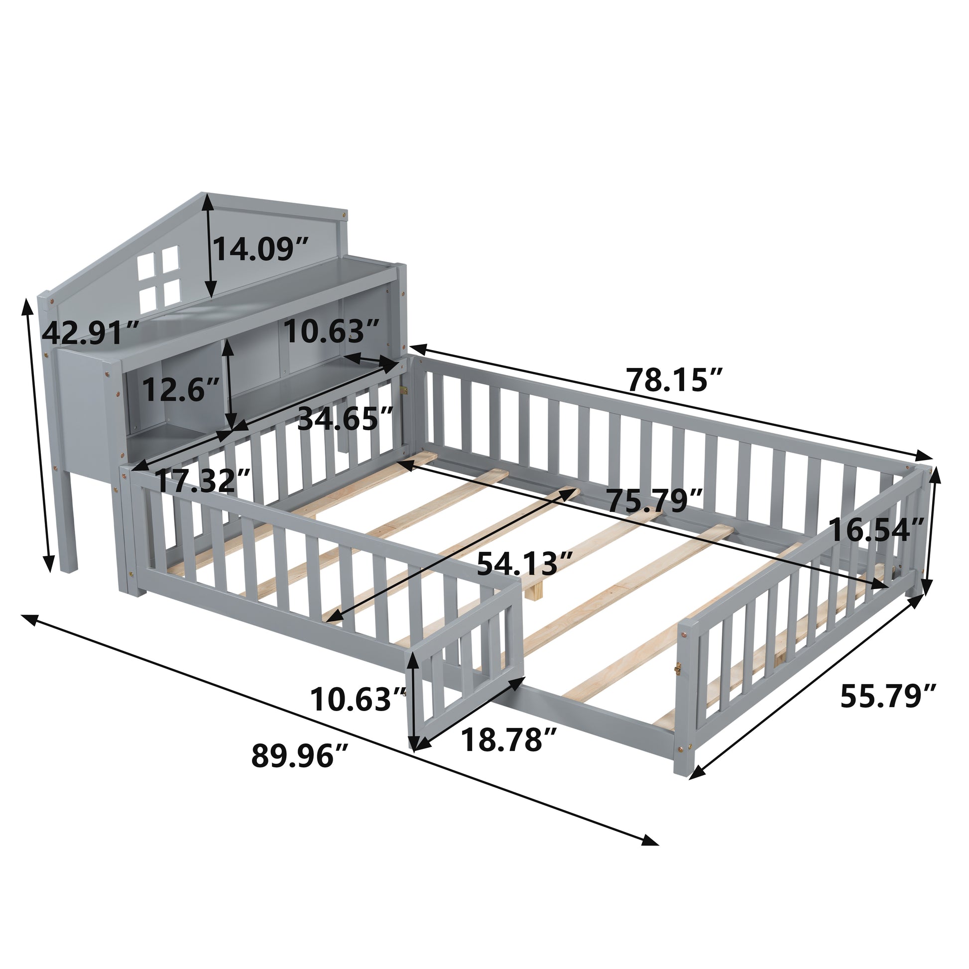 Gray wooden toddler bed with bookshelf headboard and safety rails