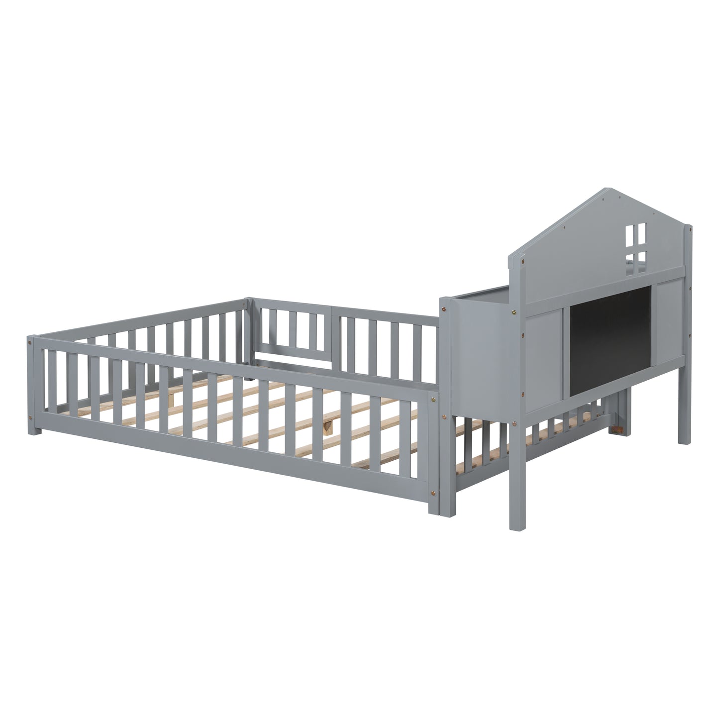Grey wooden toddler bed with houseshaped headboard and safety rails