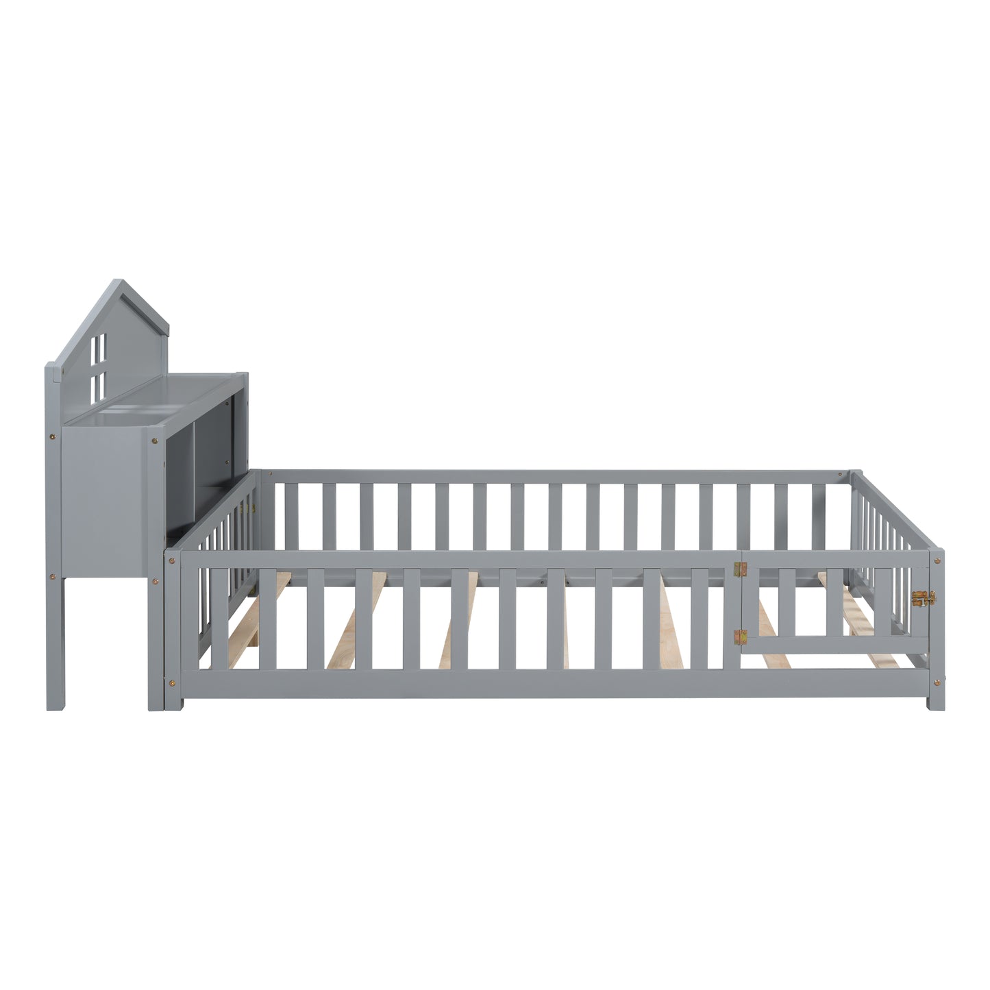 Grey wooden toddler bed with houseshaped headboard and safety rails