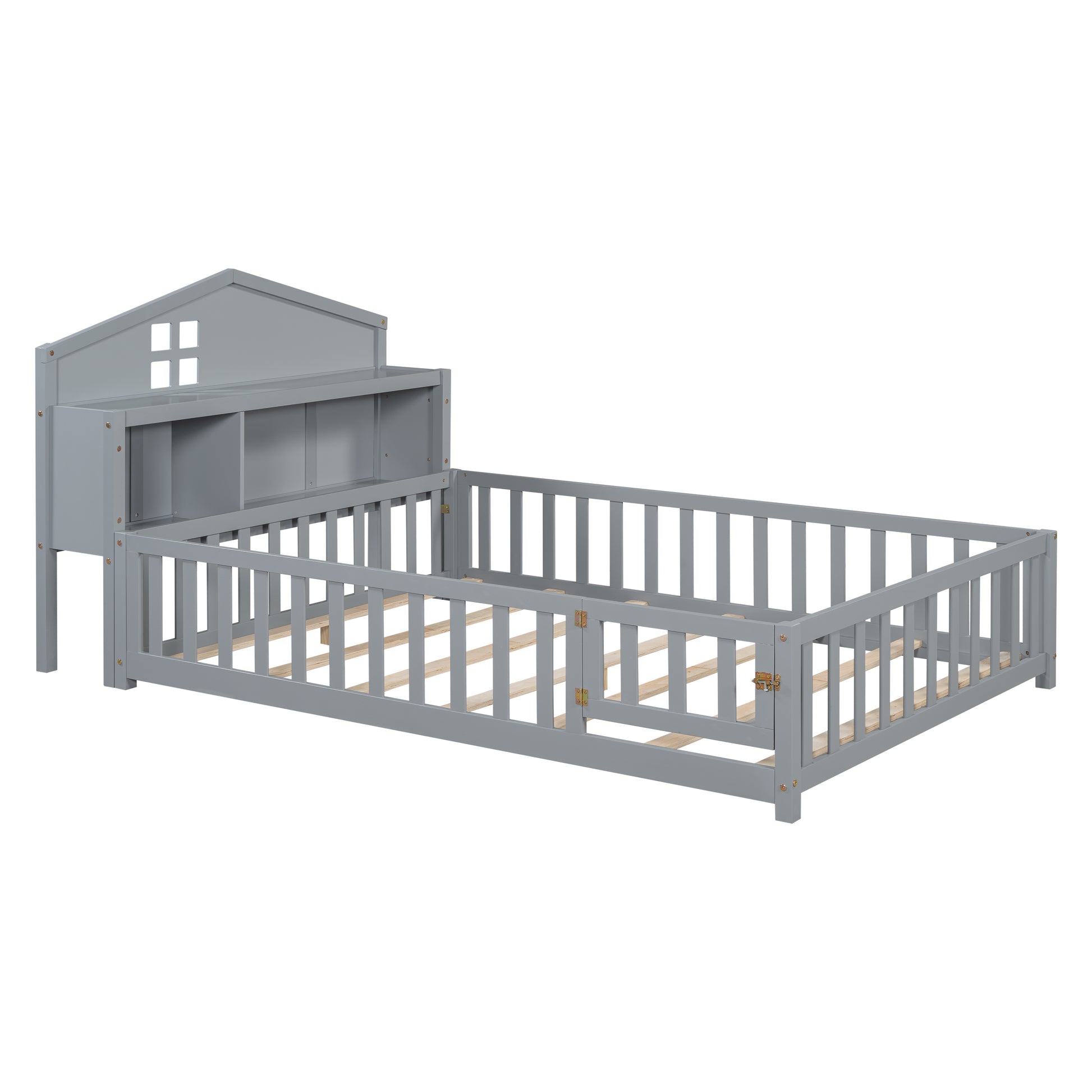 Gray wooden toddler bed with houseshaped headboard and guardrails