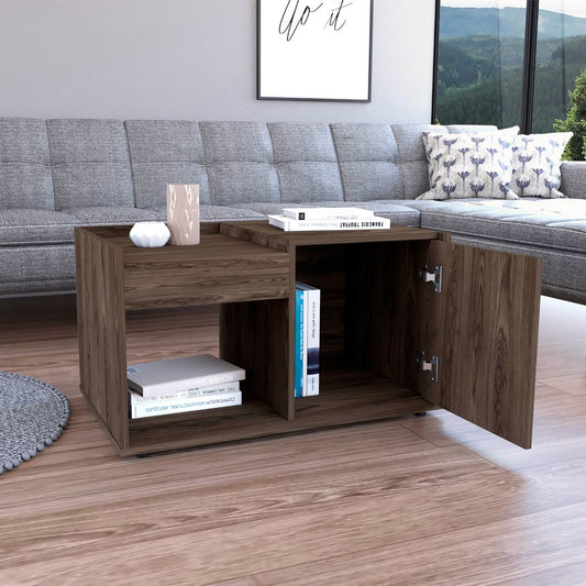 Dark wood coffee table with open compartment and books