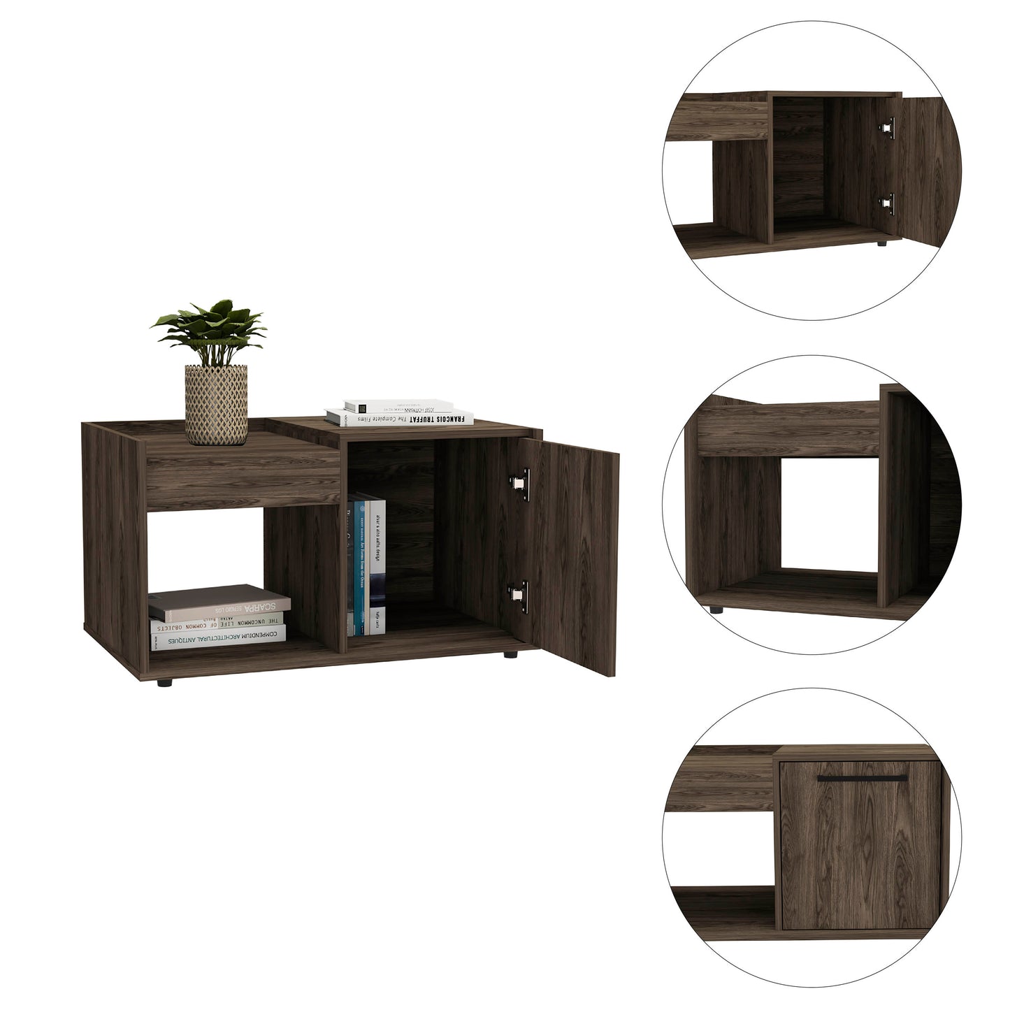 Dark wood coffee table with open compartments and a plant