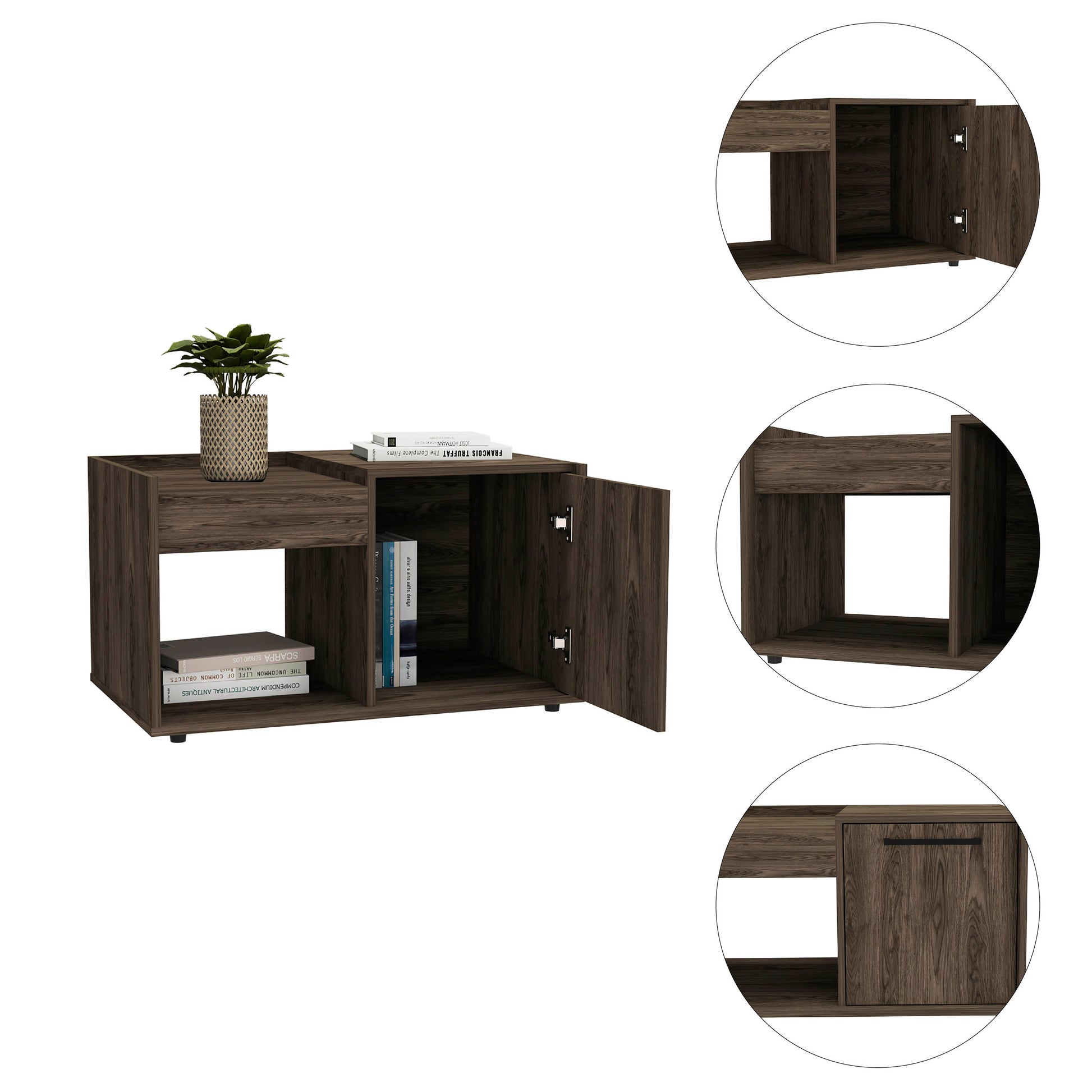 Dark wood coffee table with open compartments and a plant