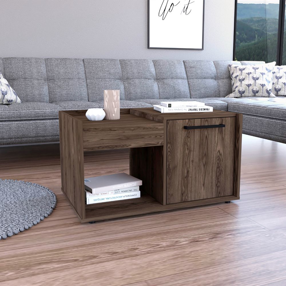Dark wood coffee table with storage drawer and open shelf