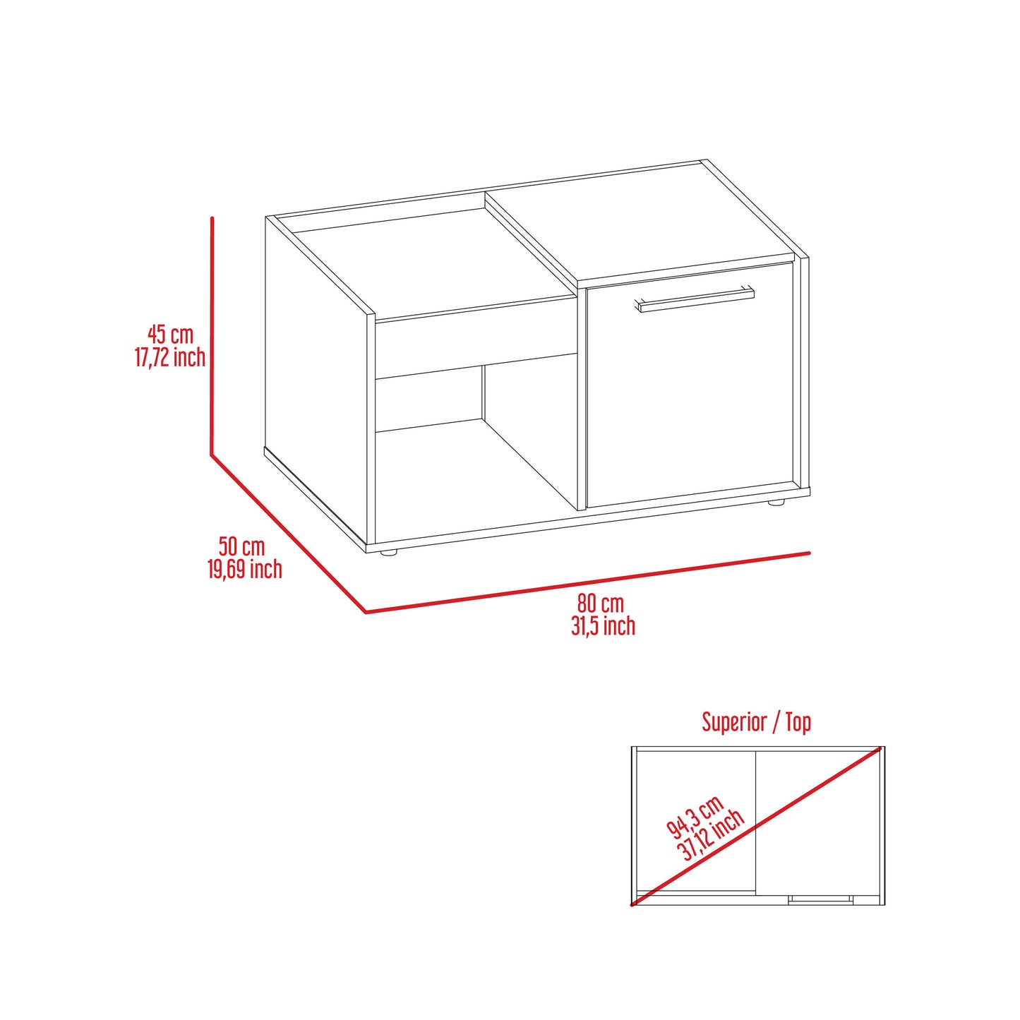 Line drawing of a modern minimalist accent cabinet with one drawer and open shelving The cabinets dimensions are shown cm width cm height cm depth