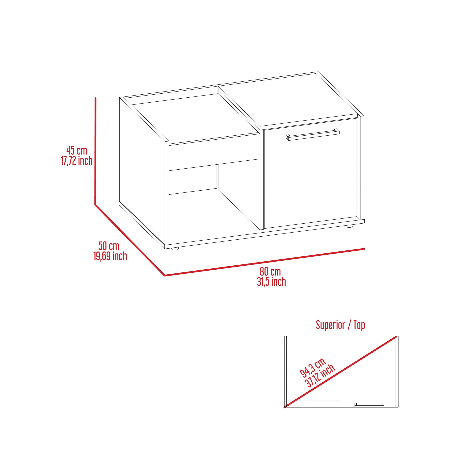 Line drawing of a modern minimalist accent cabinet with one drawer and open shelving The cabinets dimensions are shown cm width cm height cm depth