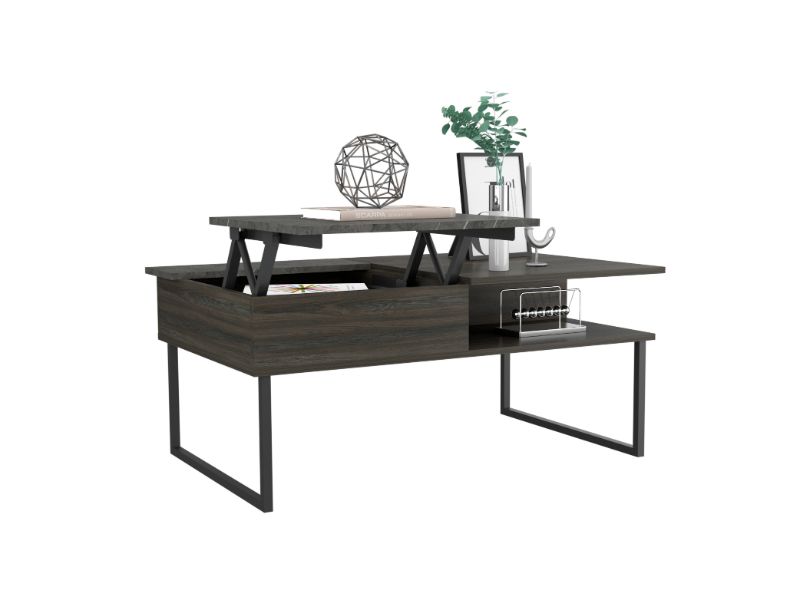 Dark wood lift top coffee table with hidden storage and metal legs