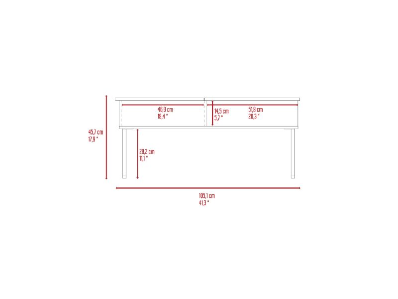 Technical drawing of a minimalist coffee table showing dimensions  cm long  cm high