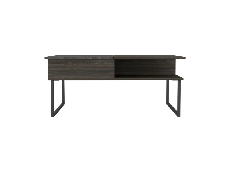 Modern dark wood console table with metal legs and open shelving