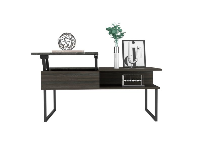 Dark wood lift top coffee table with modern metal legs and decorative elements