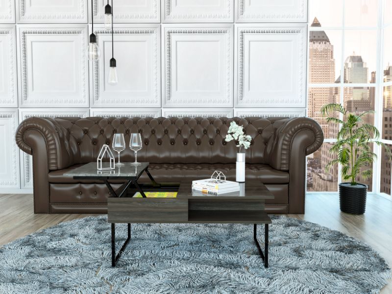 Dark brown tufted leather chesterfield sofa with elegant design
