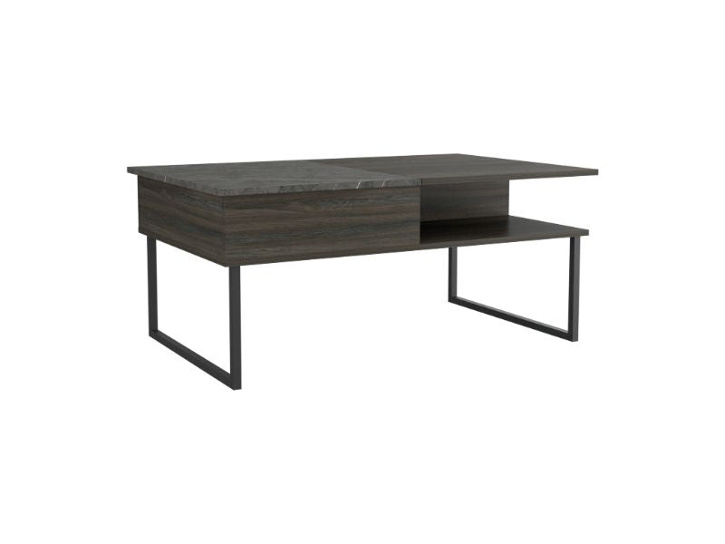 Dark wood coffee table with grey stone top and metal legs