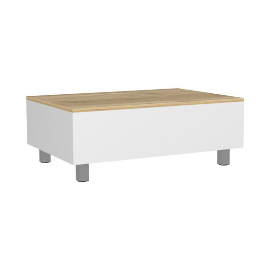 White rectangular coffee table with a light wood grain top and silver legs