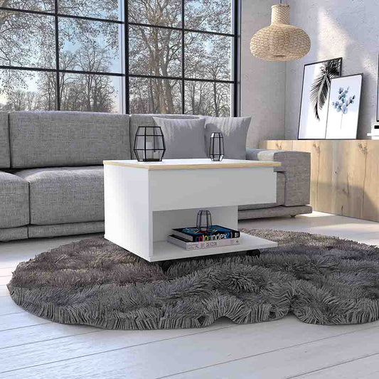 Modern white coffee table with wood accent and storage shelf ideal for living room