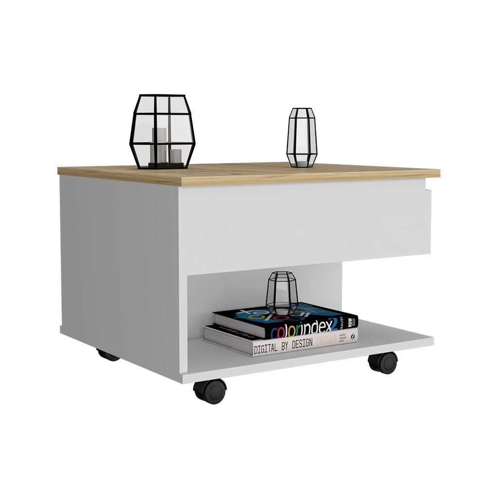 Modern white and oak coffee table with storage shelf and wheels