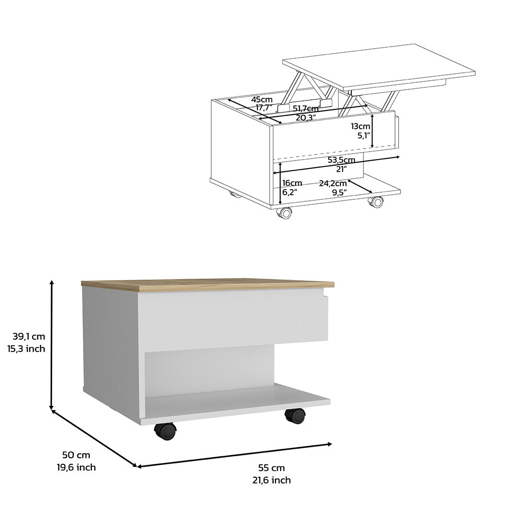 White lifttop coffee table with wood grain top compact design and wheeled base