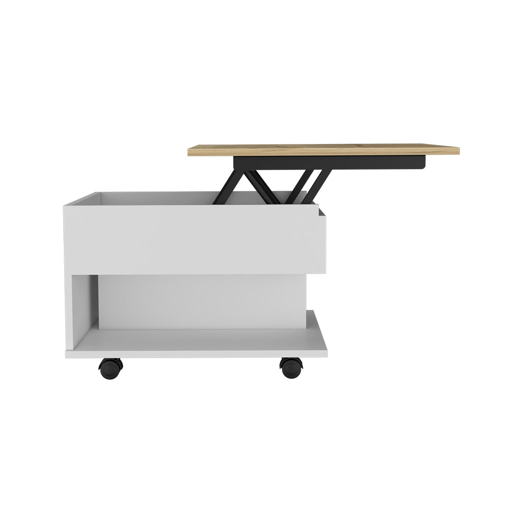 Modern white lifttop coffee table with a natural wood finish and black metal accents
