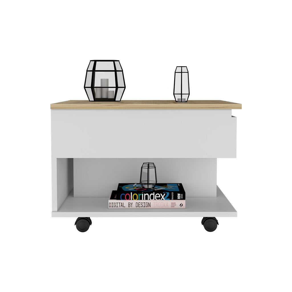 Modern white and wood bedside table with drawer and open shelf on wheels