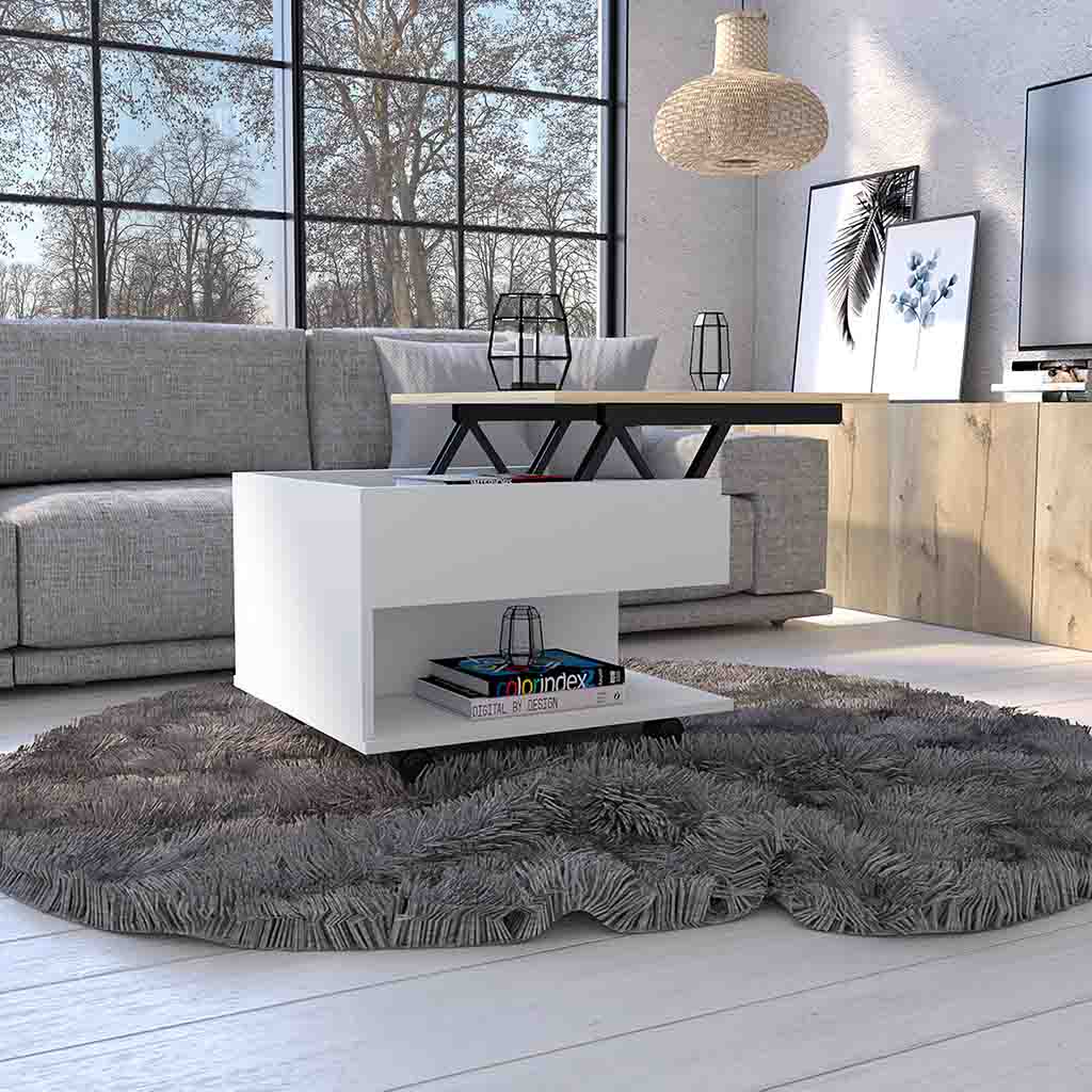 Modern white lifttop coffee table with open shelving ideal for living rooms