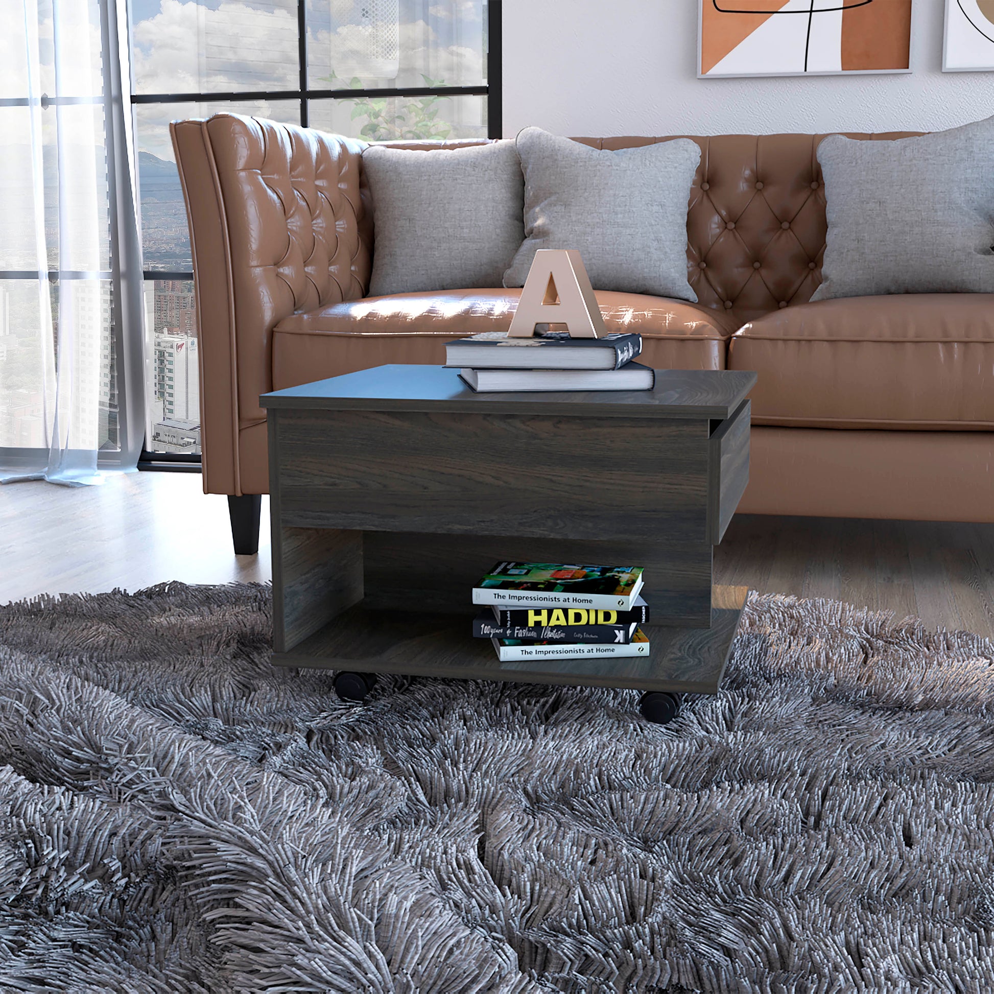 Dark wood lifttop coffee table with a hidden storage shelf on casters