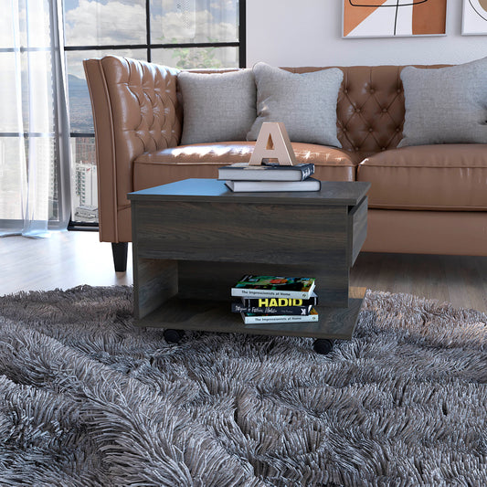 Dark wood lifttop coffee table with a hidden storage shelf on casters