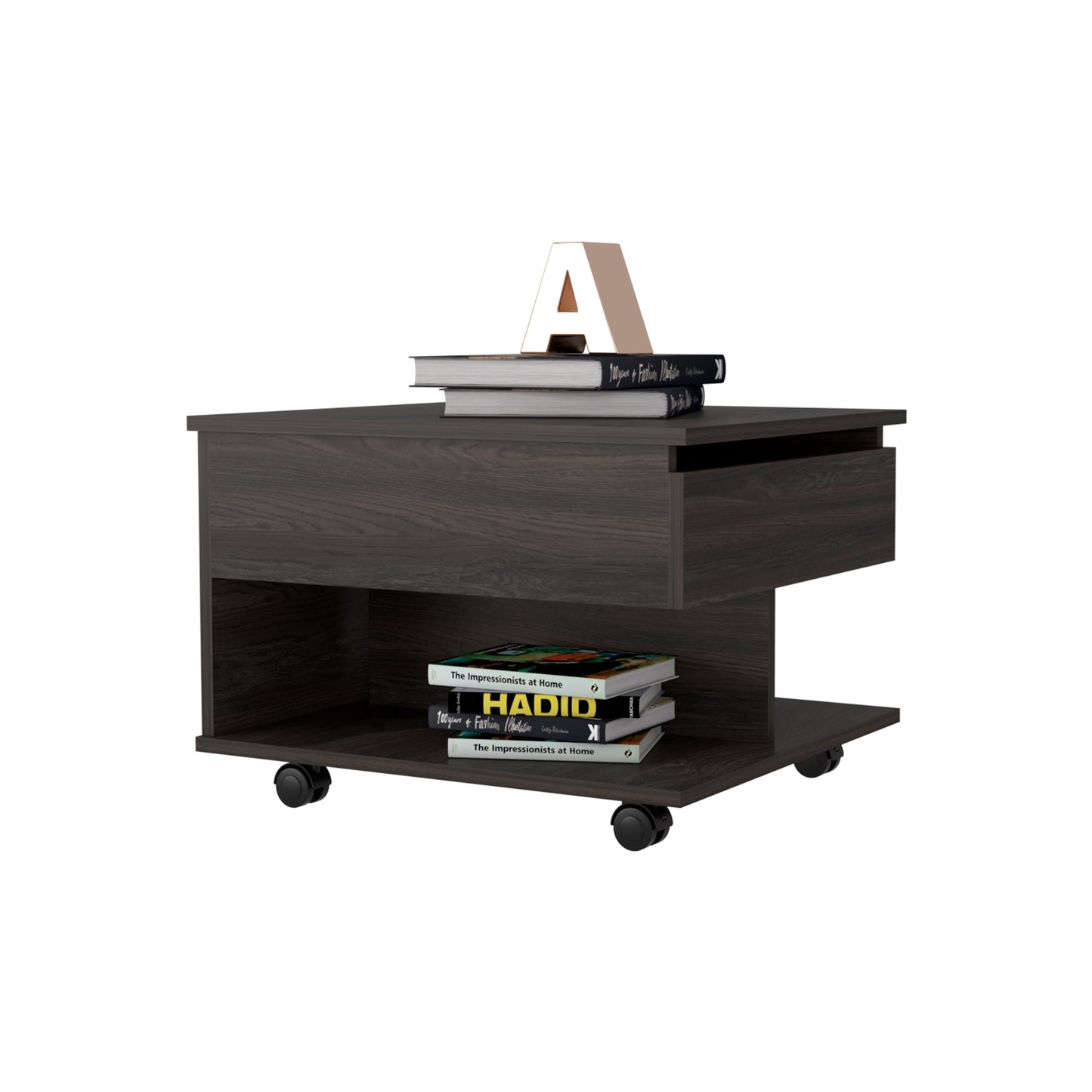 Dark wood rolling end table with open shelf and drawer two stacked books on top