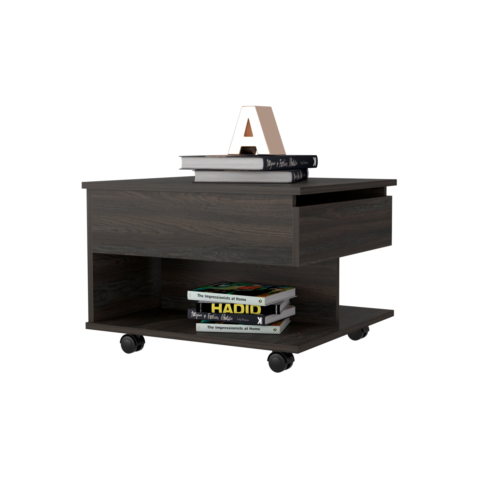 Dark wood rolling end table with open shelf and drawer two stacked books on top