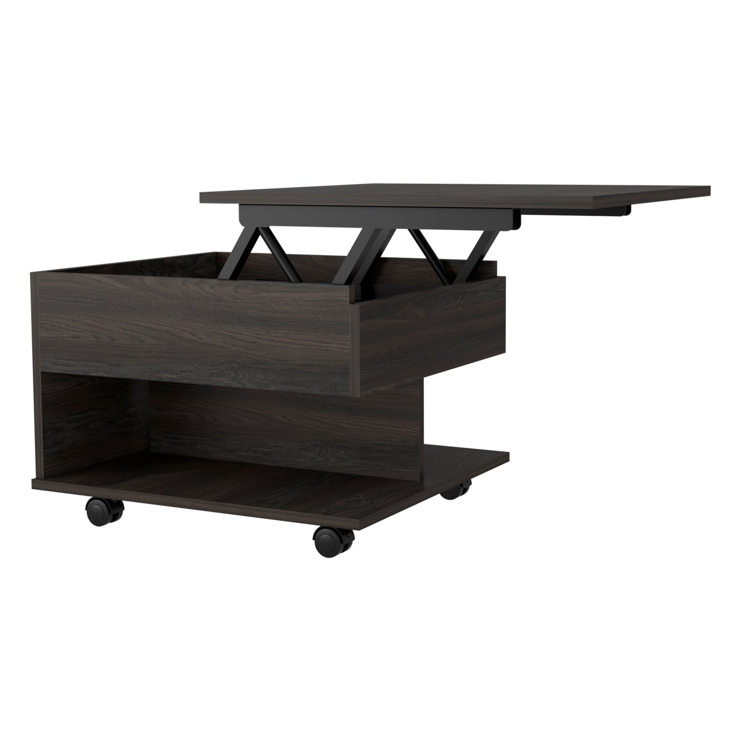 Dark wood lifttop coffee table with hidden storage and wheels