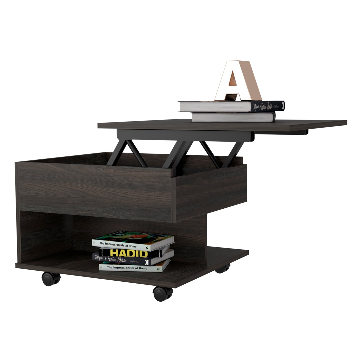 Dark oak lifttop coffee table with hidden storage and metal accents perfect for modern living rooms