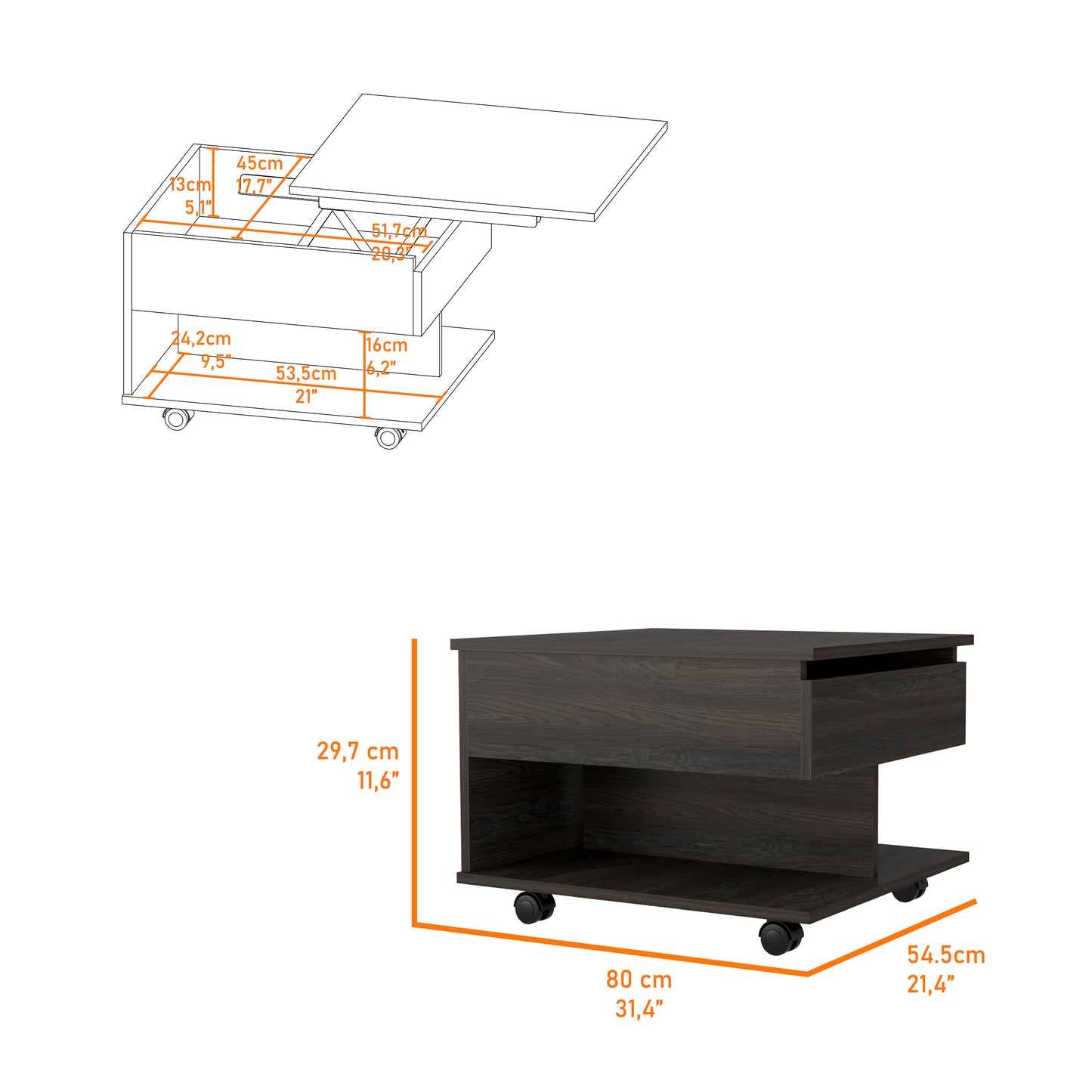 Lifttop coffee table in dark wood veneer showing dimensions of cm wide and cm deep