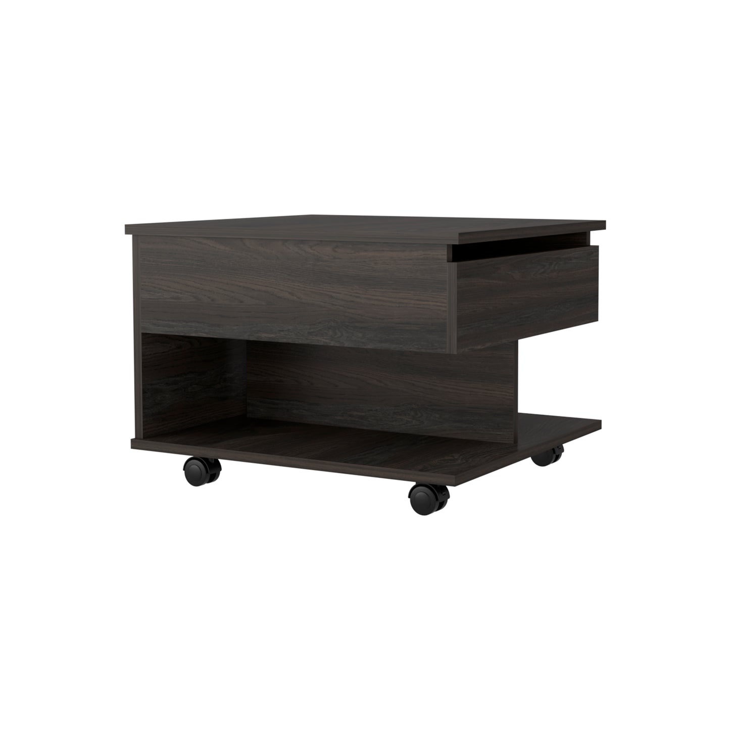 Dark brown wood grain nightstand with one drawer and open shelf on casters