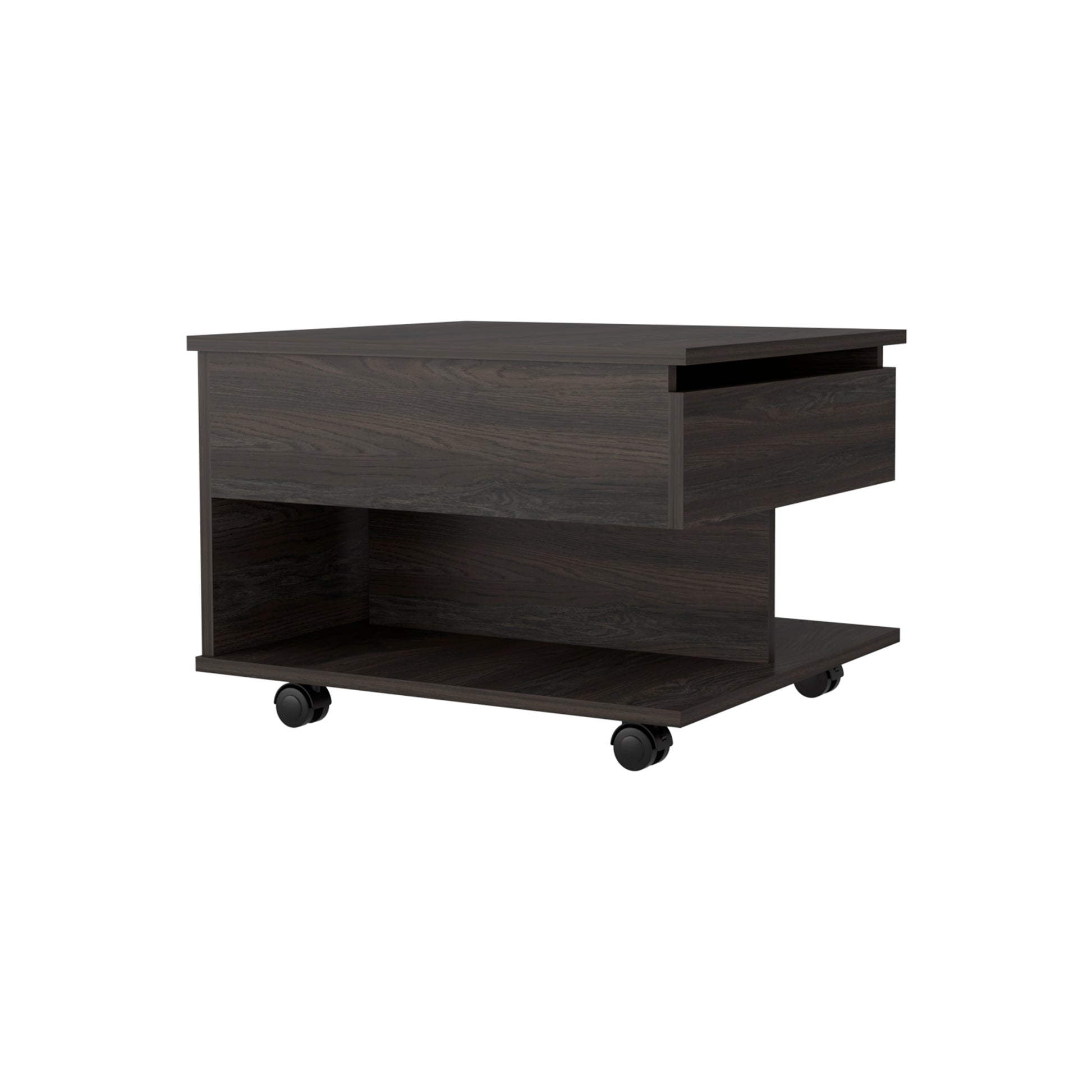 Dark brown wood grain nightstand with one drawer and open shelf on casters