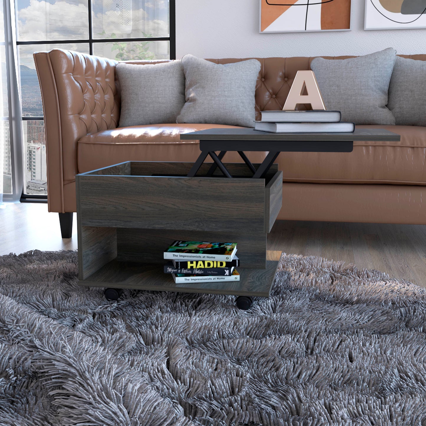 Lift top coffee table with dark wood grain finish and hidden storage