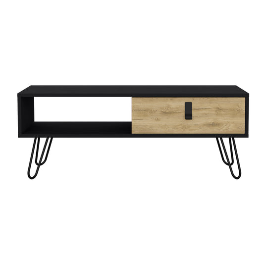 Black and wood media console with hairpin legs and one drawer