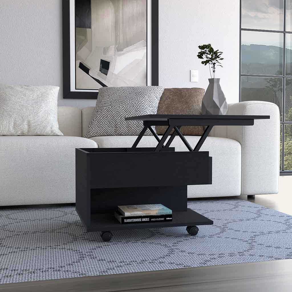 Black lift top coffee table with hidden storage and lower shelf on wheels