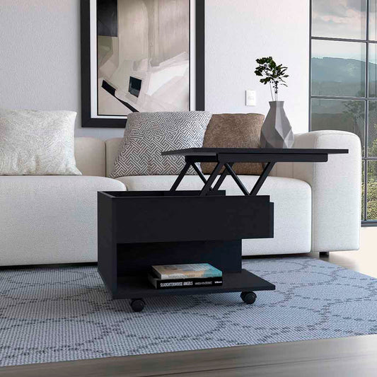 Black lift top coffee table with hidden storage and lower shelf on wheels
