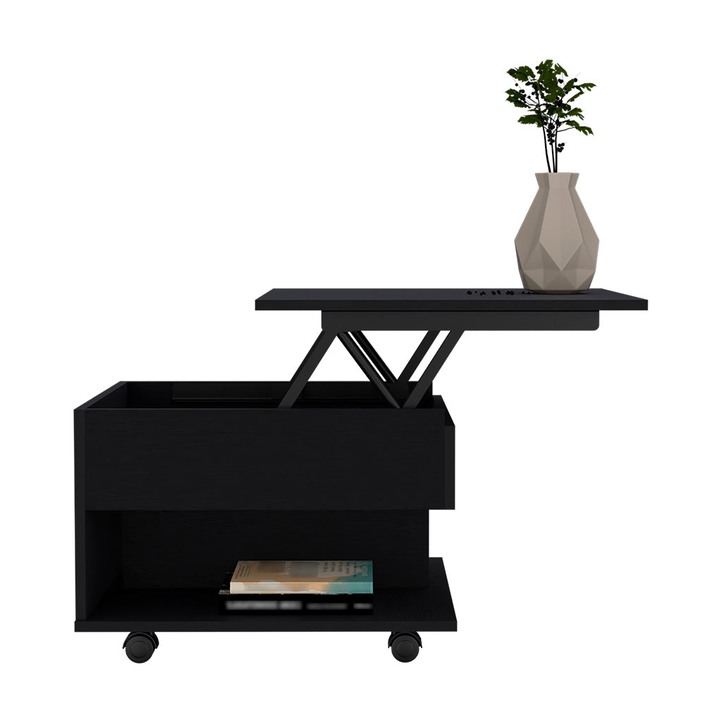 Black lift top coffee table with hidden storage and rolling wheels