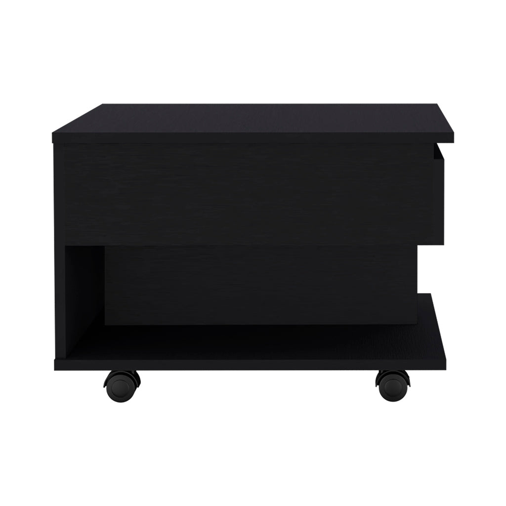 Black modern filing cabinet with two drawers and open shelving on wheels