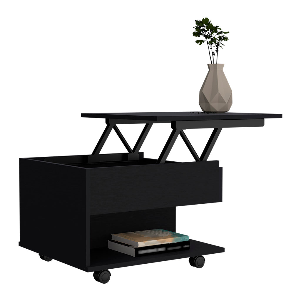 Black lifttop coffee table with internal storage and books on lower shelf