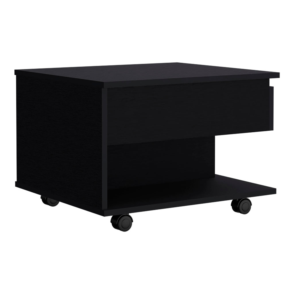 Black rolling nightstand with open shelf and drawer