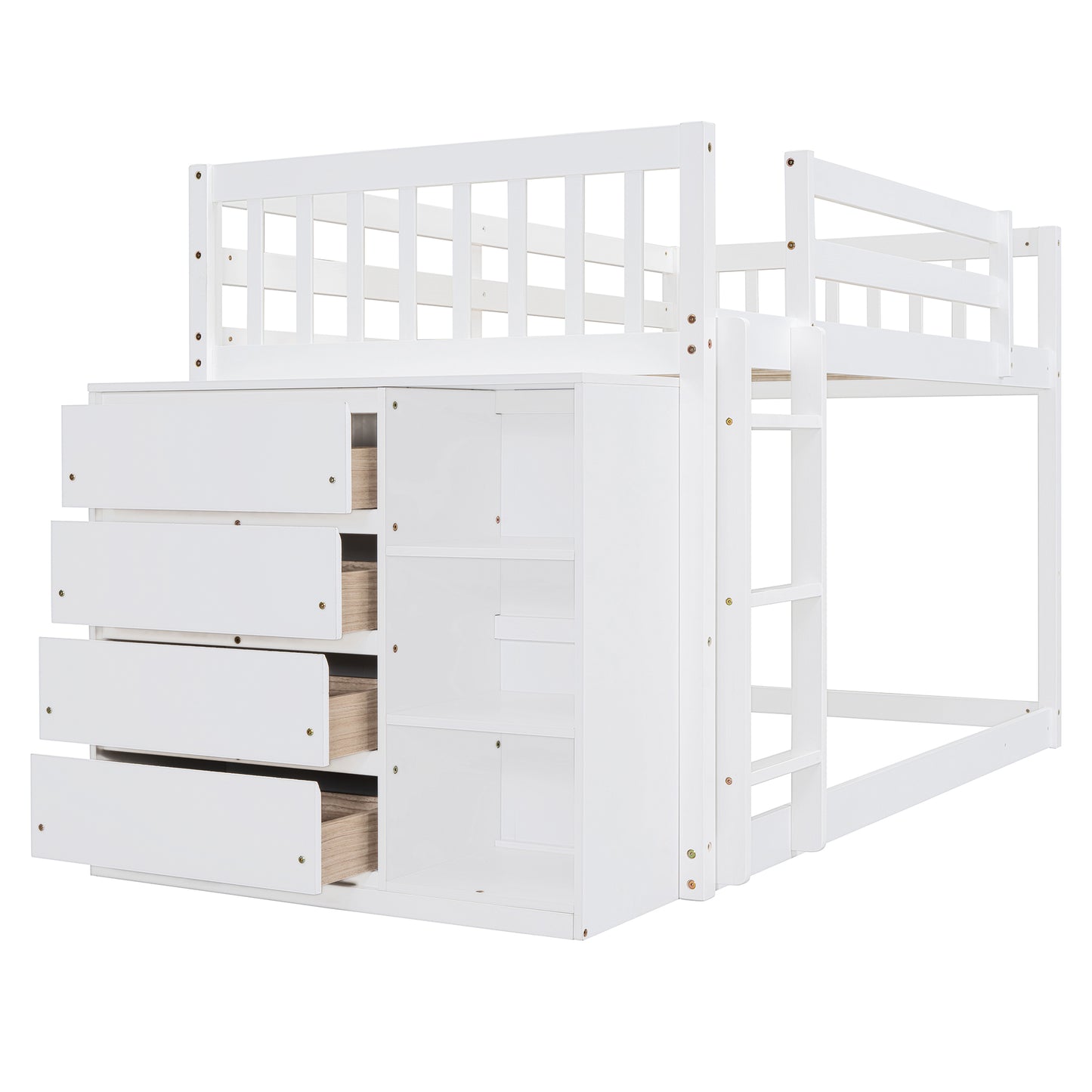 White wooden loft bed with integrated drawers and shelving