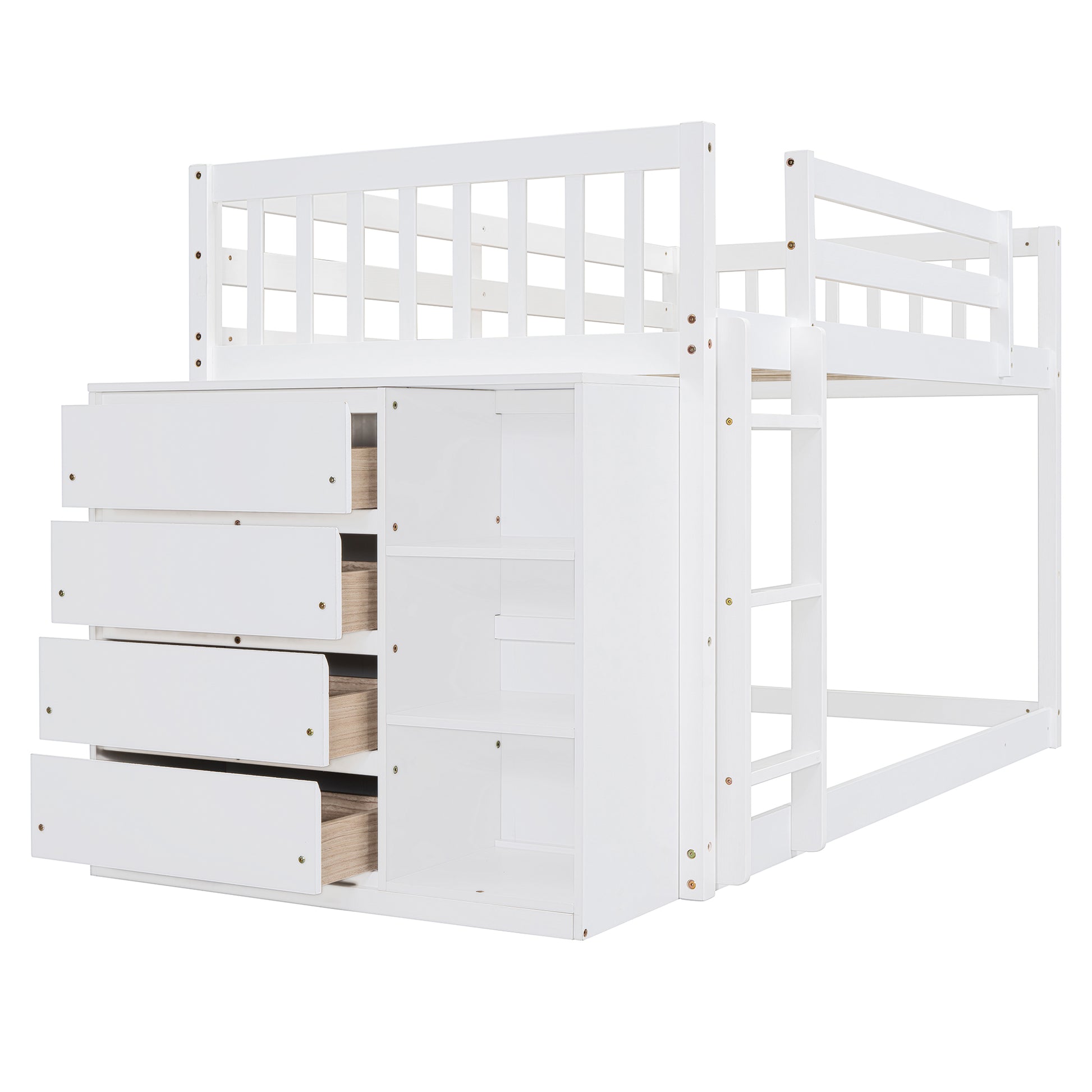 White wooden loft bed with integrated drawers and shelving