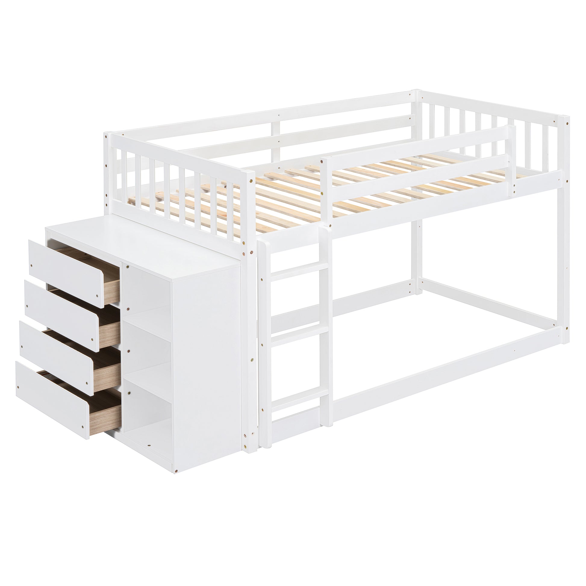 White wooden loft bed with drawers and shelves
