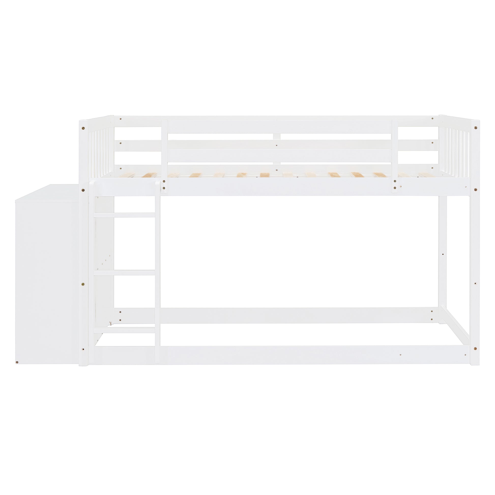 White wooden bunk bed with integrated storage drawer