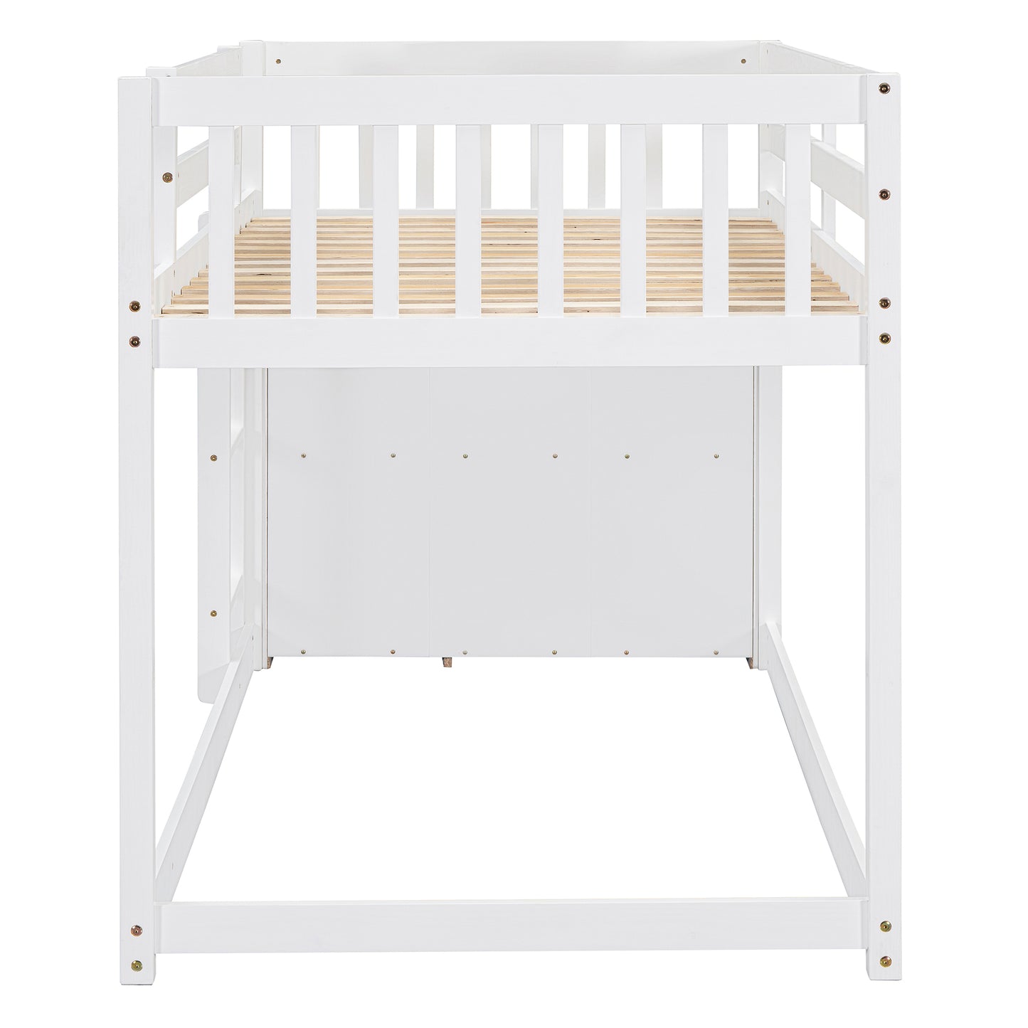 White wooden loft bed frame with slatted mattress support