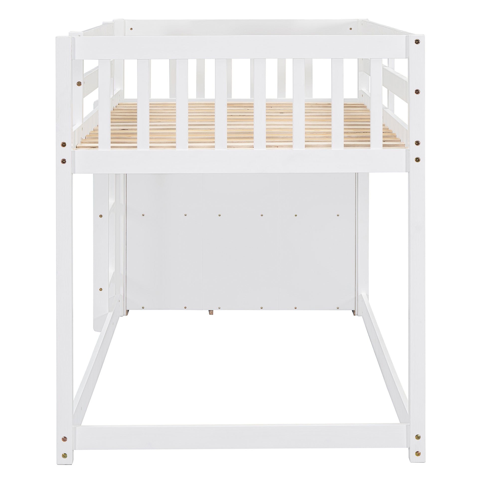 White wooden loft bed frame with slatted mattress support